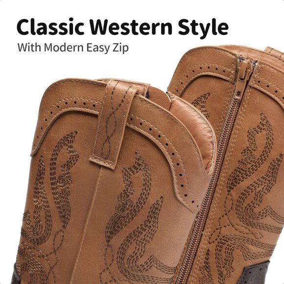 Kids Girls Tan/Brown Cowgirl Western Boots Mid Calf Horse Riding Booties Shoes - Picture 4 of 6